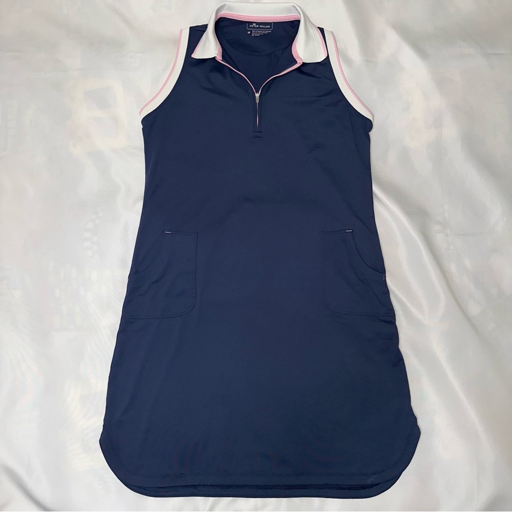 Peter Millar Polo golf Dress navy pink and white size medium‎ SPF 50